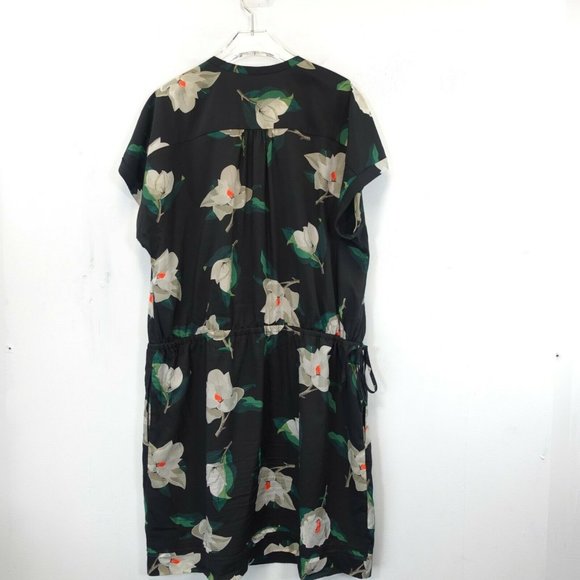 BANANA REPUBLIC Black White Midi Dress XL Shift Botanical Pleated Short Sleeve - Picture 9 of 10